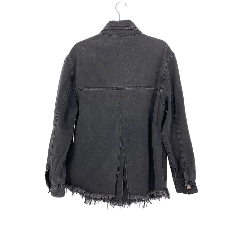 Westbound Petites Denim Jacket Womens PL Raw Hem Washed Black Oversized NEW
